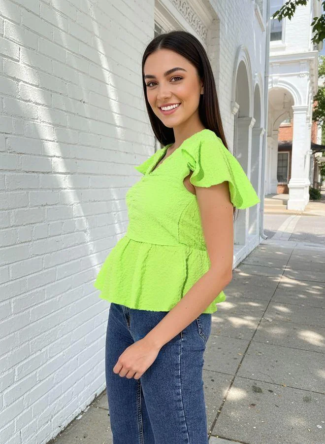 Freehand  Women Fit and Flared Textured V neck Half Sleeves Peplum Top for Women | Best Price UAE